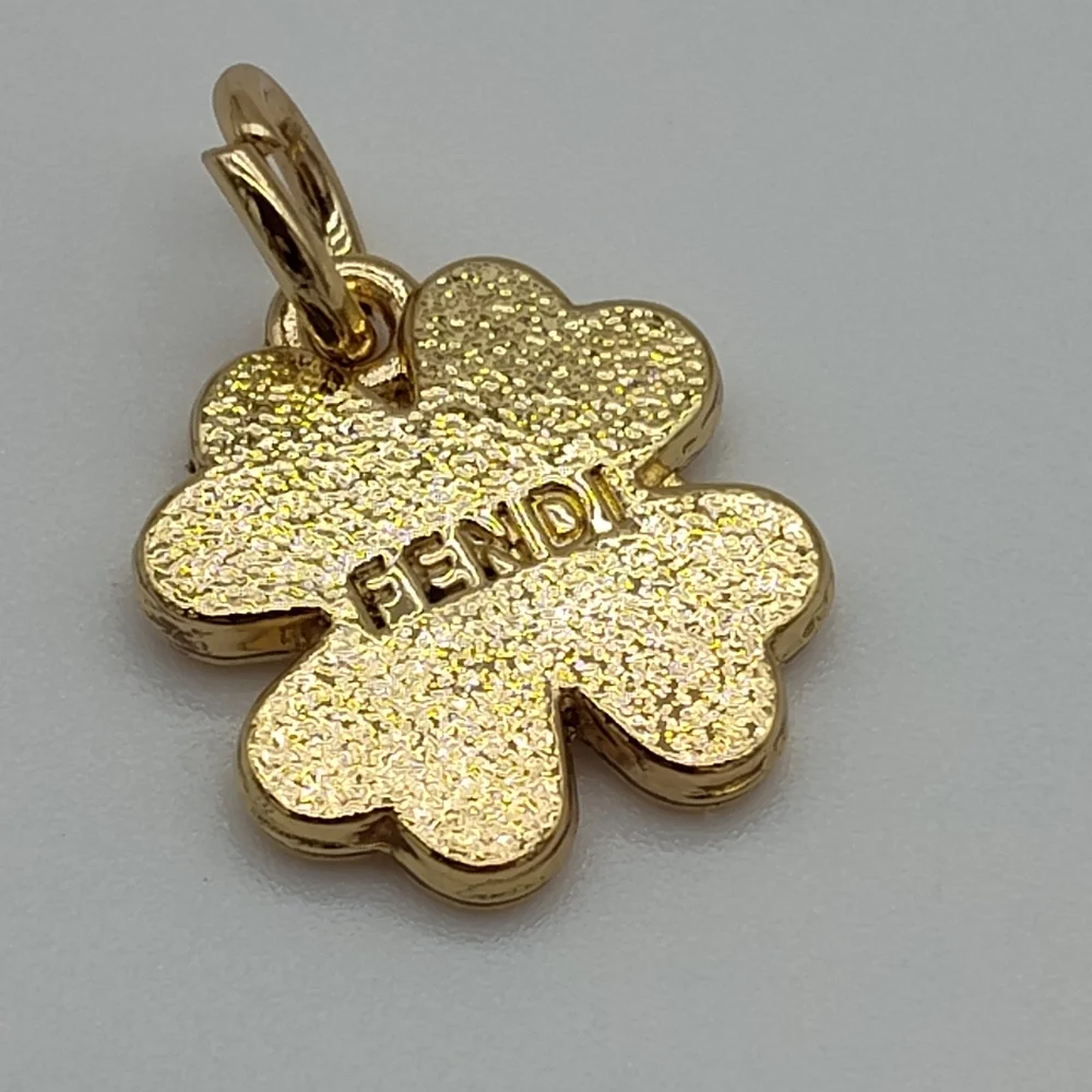 FENDI Black Enamel Clover Charm Gold Tone FF Logo Pendant - Picture 3 of 3